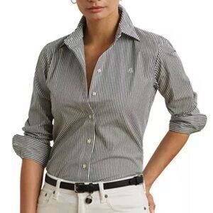 Gray and White Striped Lauren Ralph Lauren Easy Care Button Down Shirt - Size L